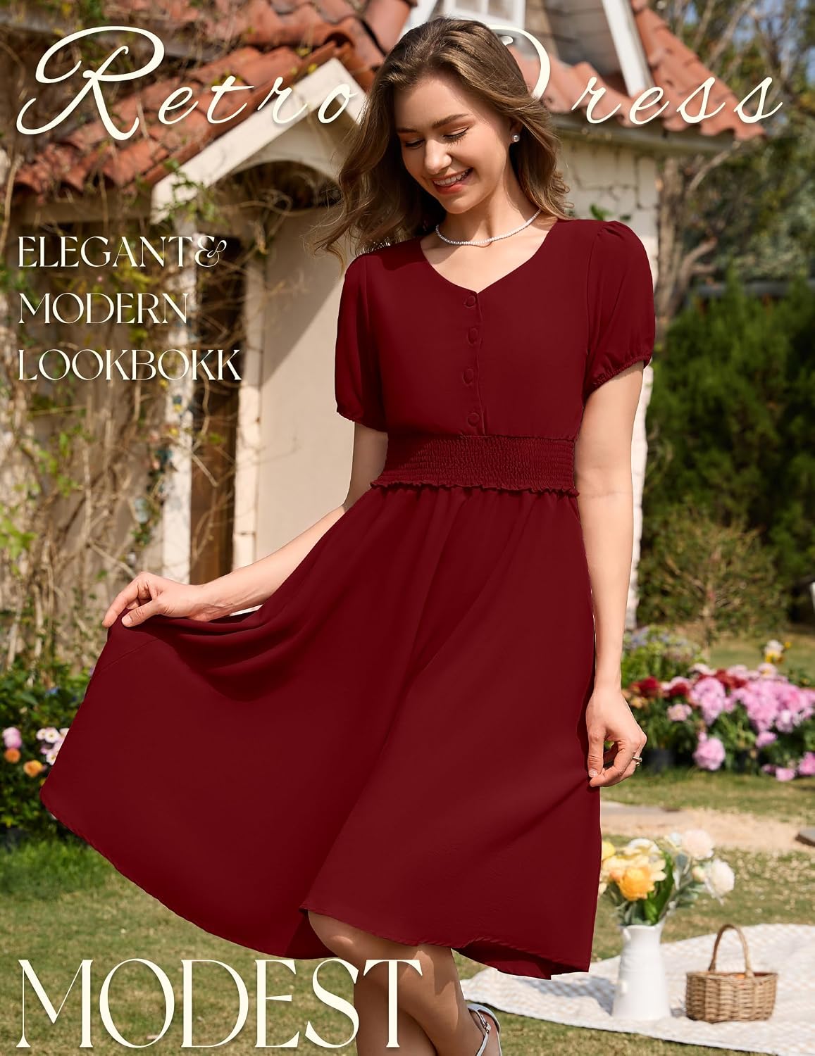 Vestido vino formal midi corte A manga corta