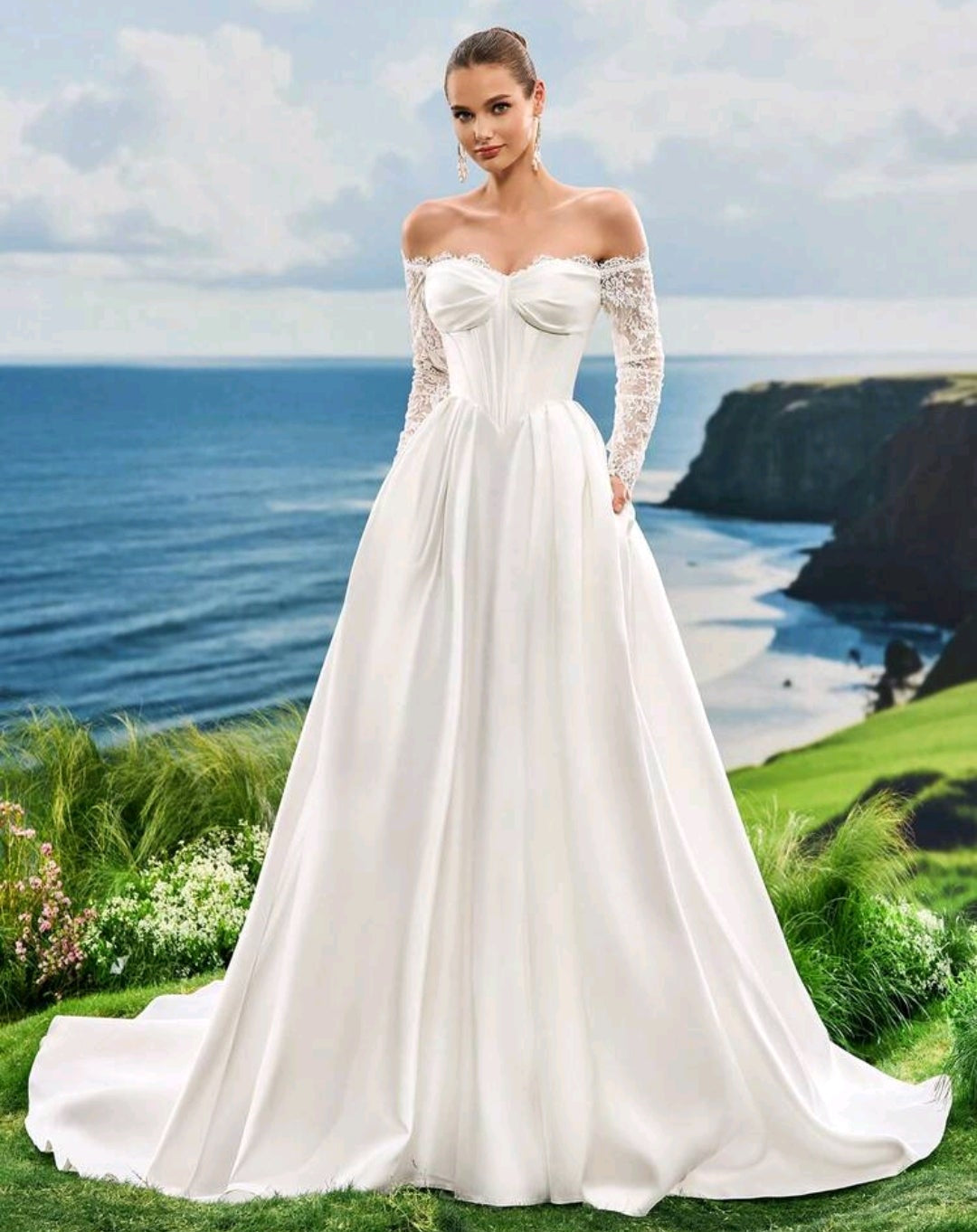 Vestido de Novia Satén con Corsé y Mangas de Encaje Off-the-Shoulder