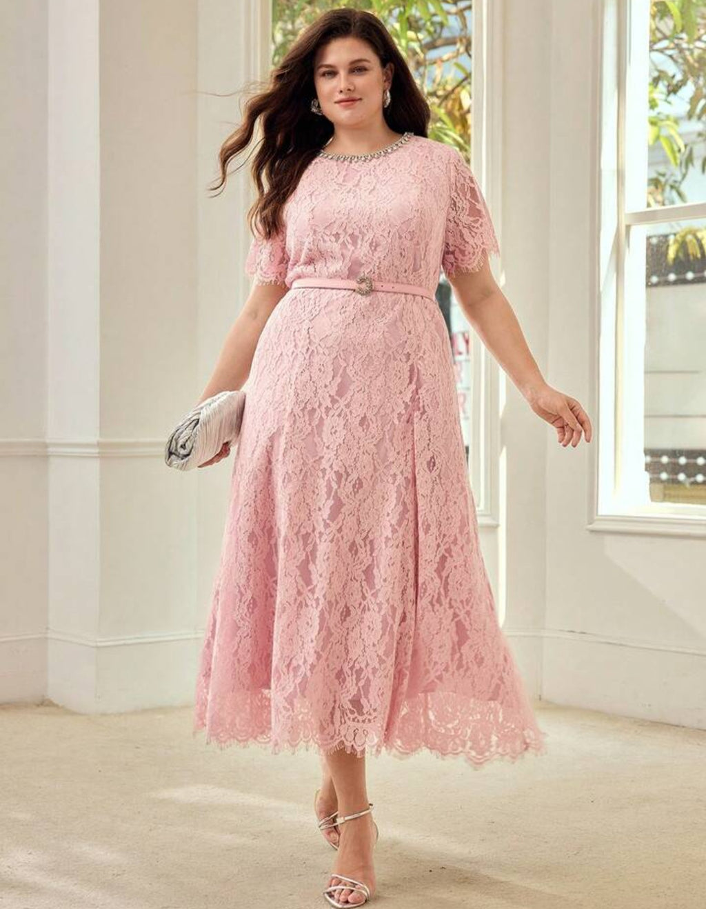 Vestido formal palo rosa encaje con forro