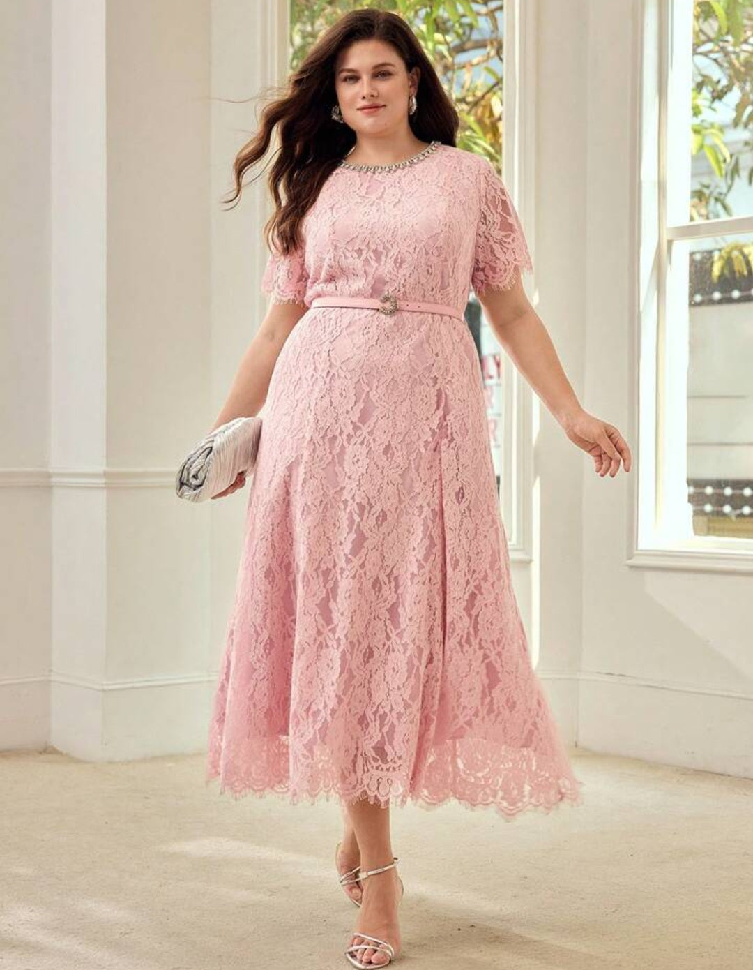 Vestido formal palo rosa encaje con forro
