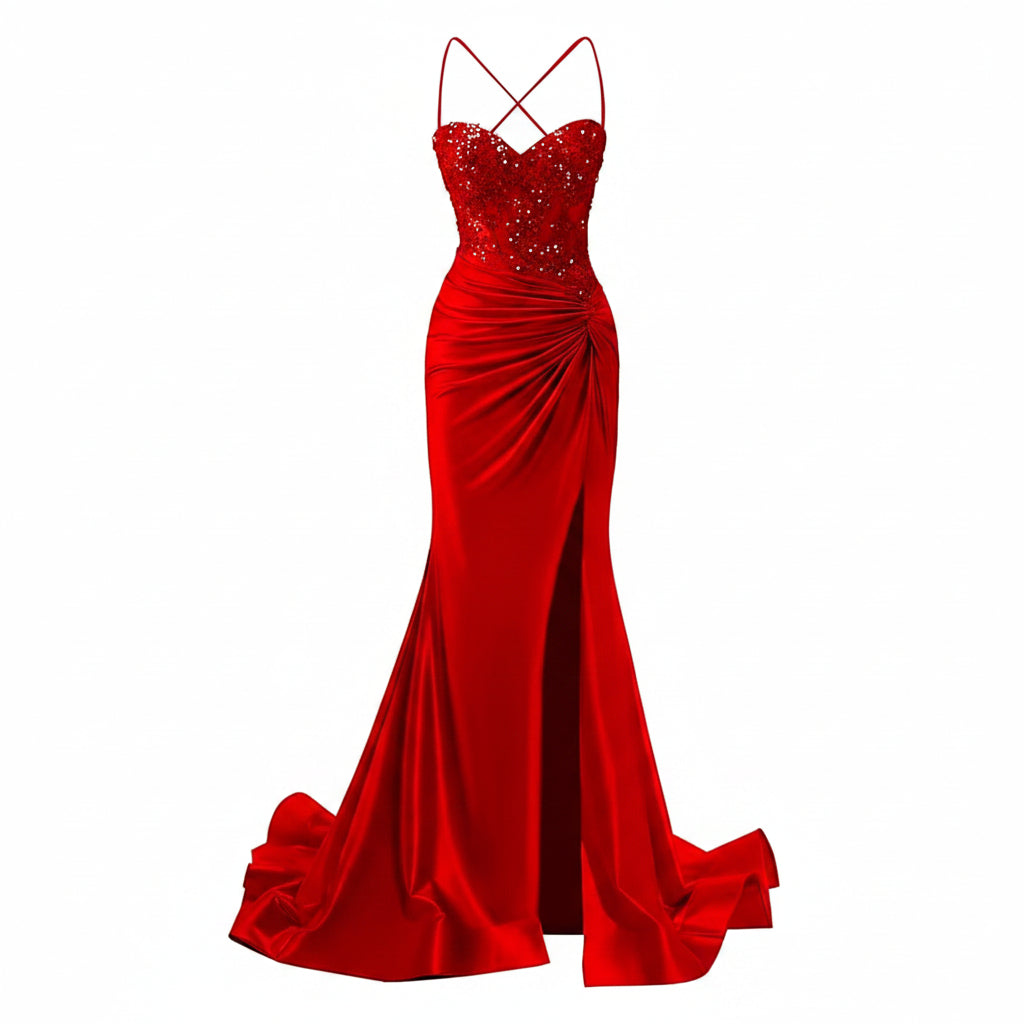 Vestido rojo satinado corsé ajustable con transparencia espalda abierta