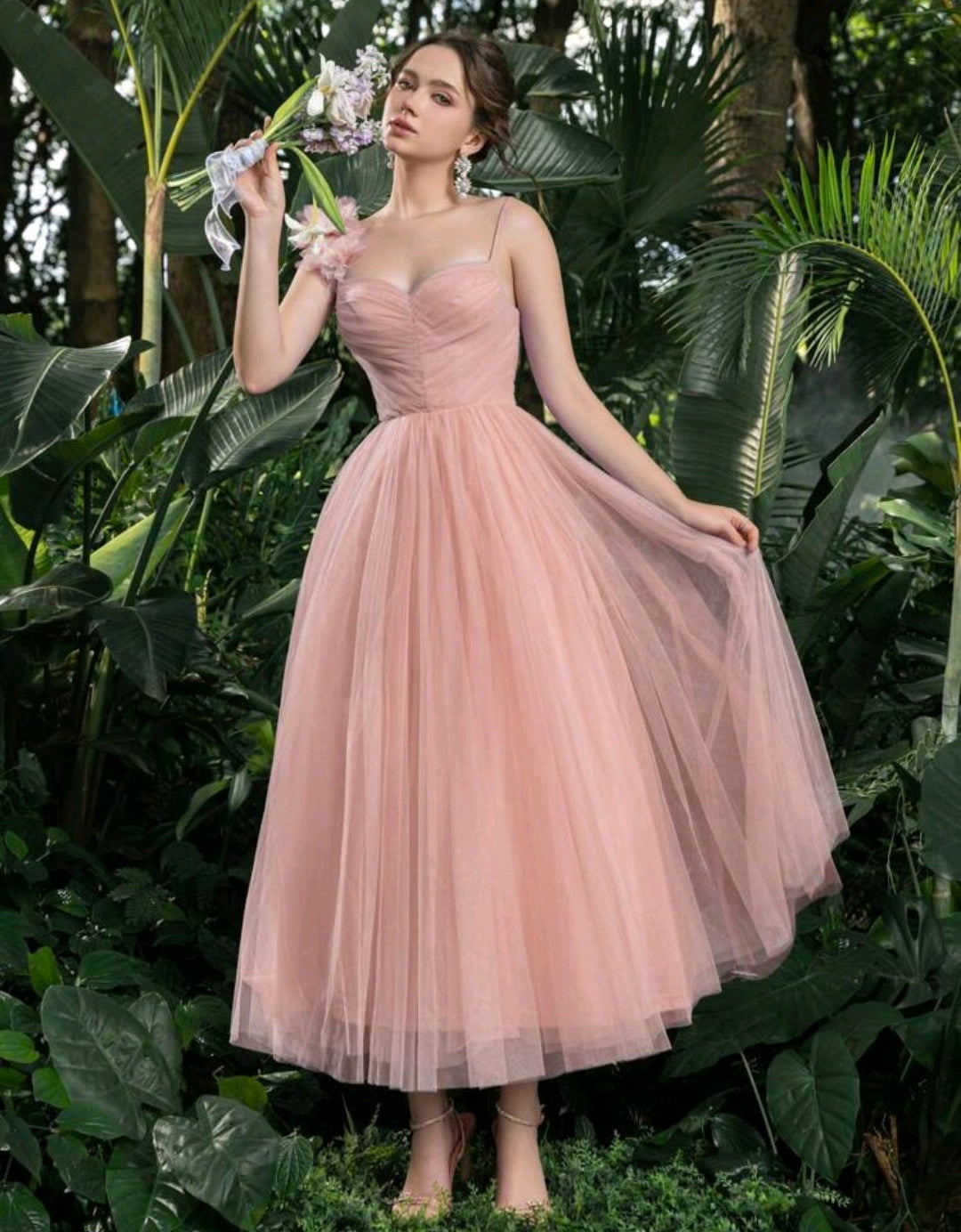 Vestido rosa claro de tul corte A