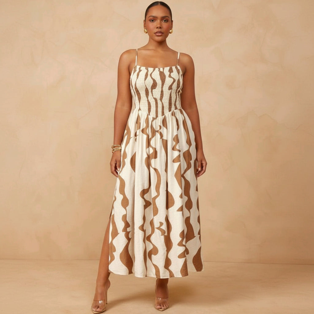 Vestido Ivory print café tirante delgado