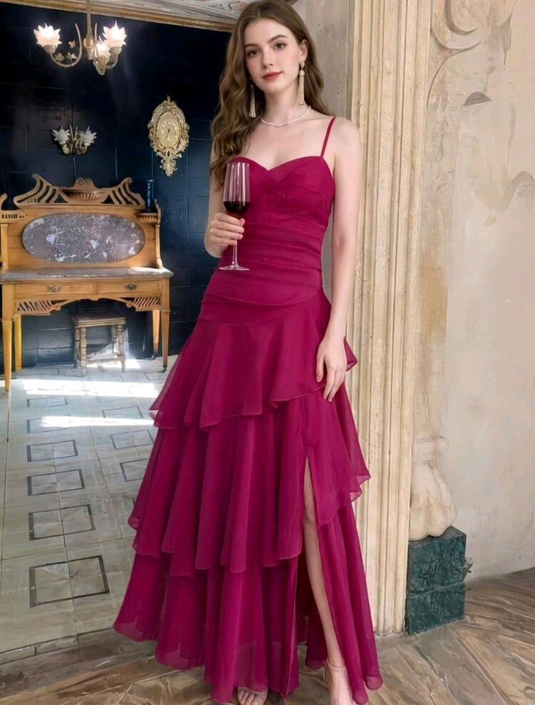 Vestido hot pink falda capas tirante delgado