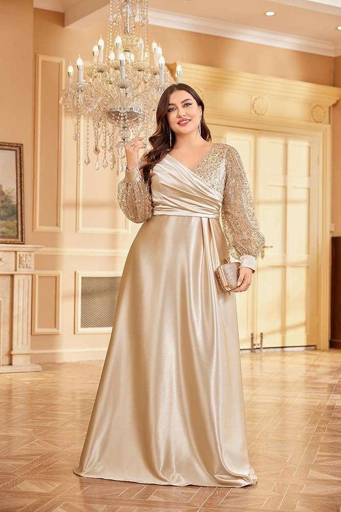 Vestido dorado champán manga larga de lentejuelas corte A