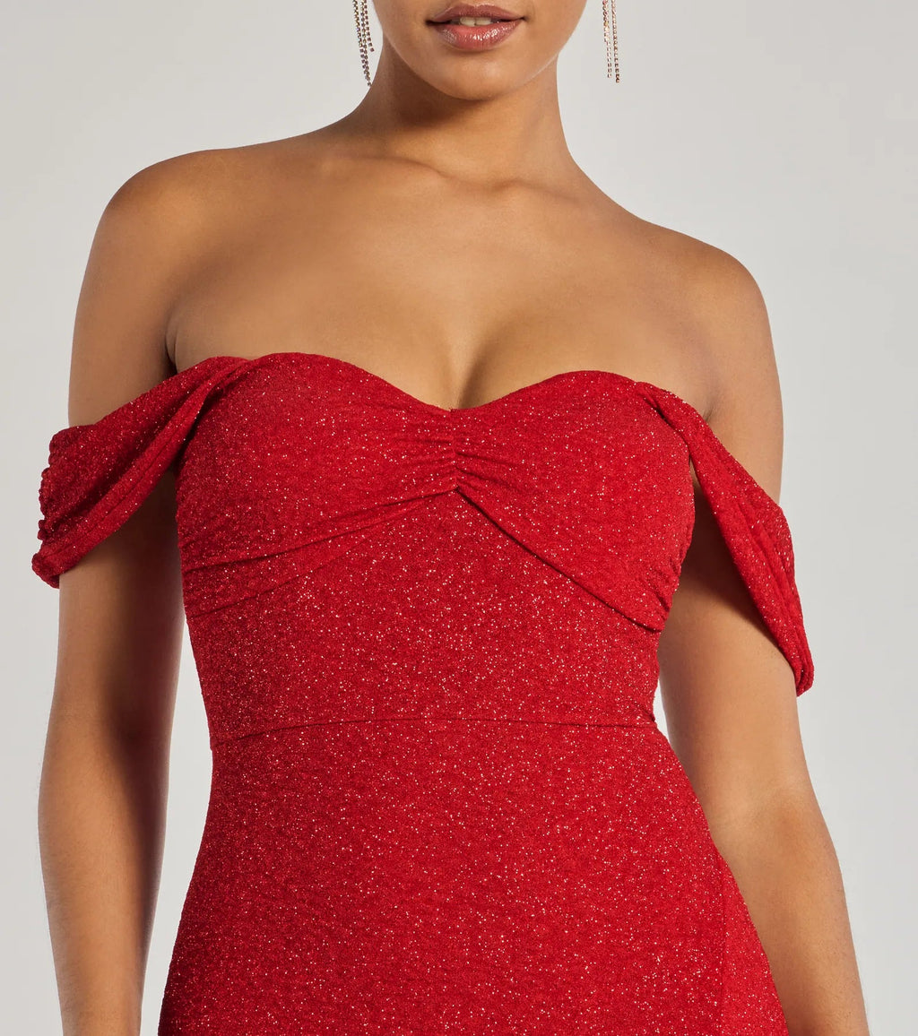 Vestido Tamara off-the-shoulder vino brillante
