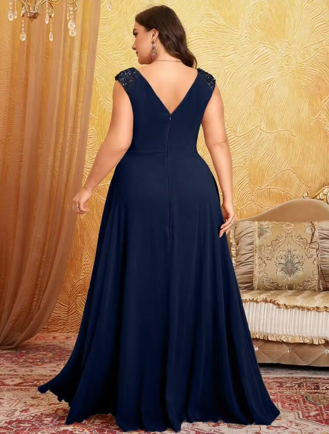 Vestido azul marino sin manga corte A con escote en V