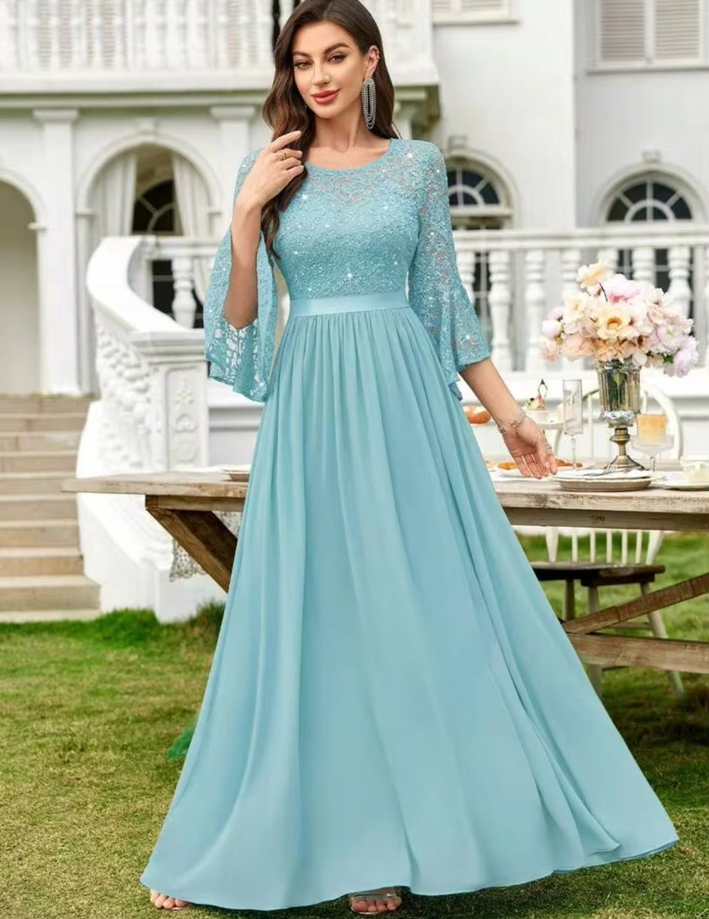 Vestido aqua encaje lentejuelas manga mariposa falda chiffon
