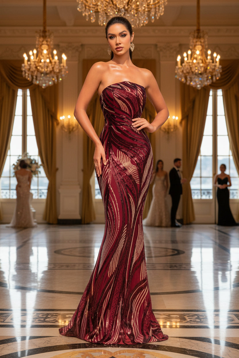 Vestido straple vino y dorado tornasol corte sirena