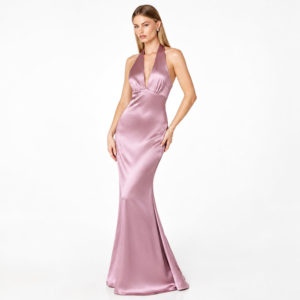 Vestido mauve satinado corte sirena espalda semi abierta