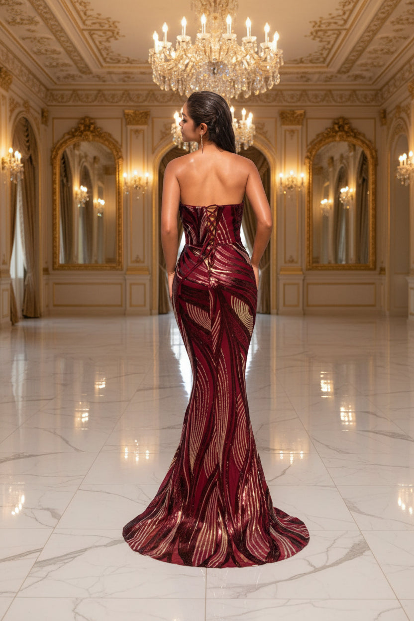 Vestido straple vino y dorado tornasol corte sirena