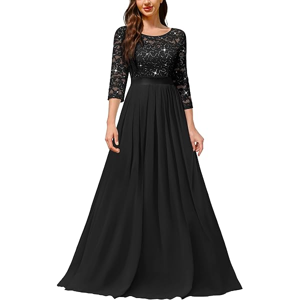 Vestido negro encaje lentejuelas y falda chiffon