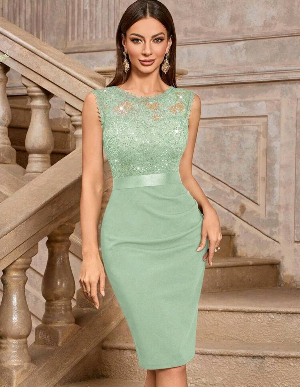 Vestido verde sage encaje lentejuelas formal midi