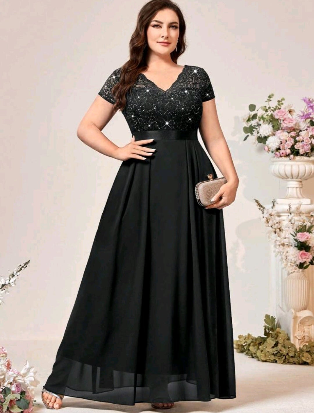 Vestido negro encaje lentejuelas falda chiffon