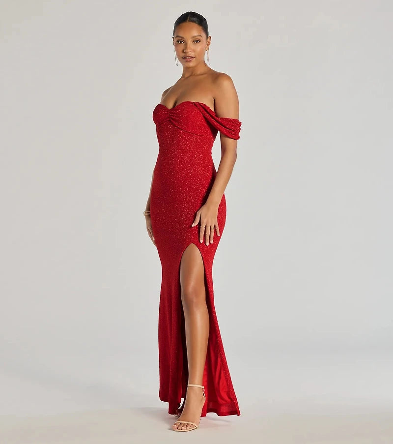 Vestido Tamara off-the-shoulder vino brillante