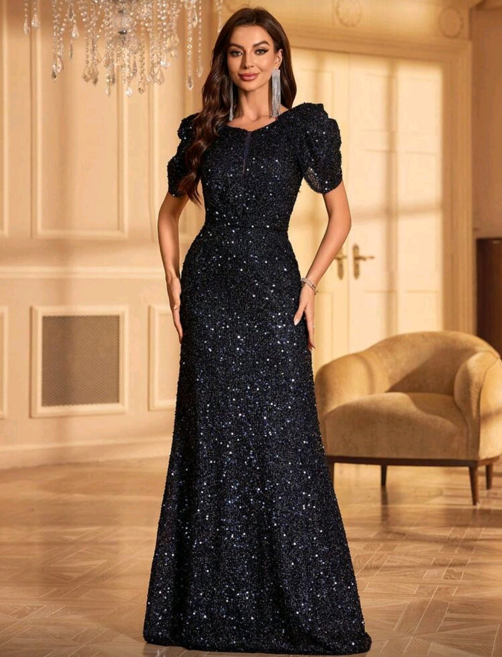 Vestido azul marino lentejuelas manga corta