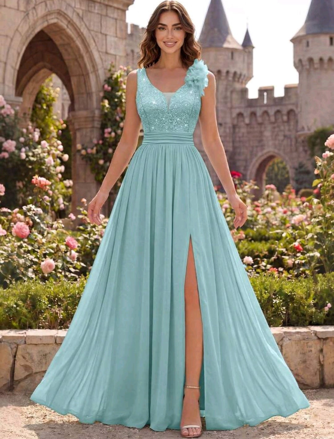 Vestidp aqua encaje lentejuelas y falda chiffon