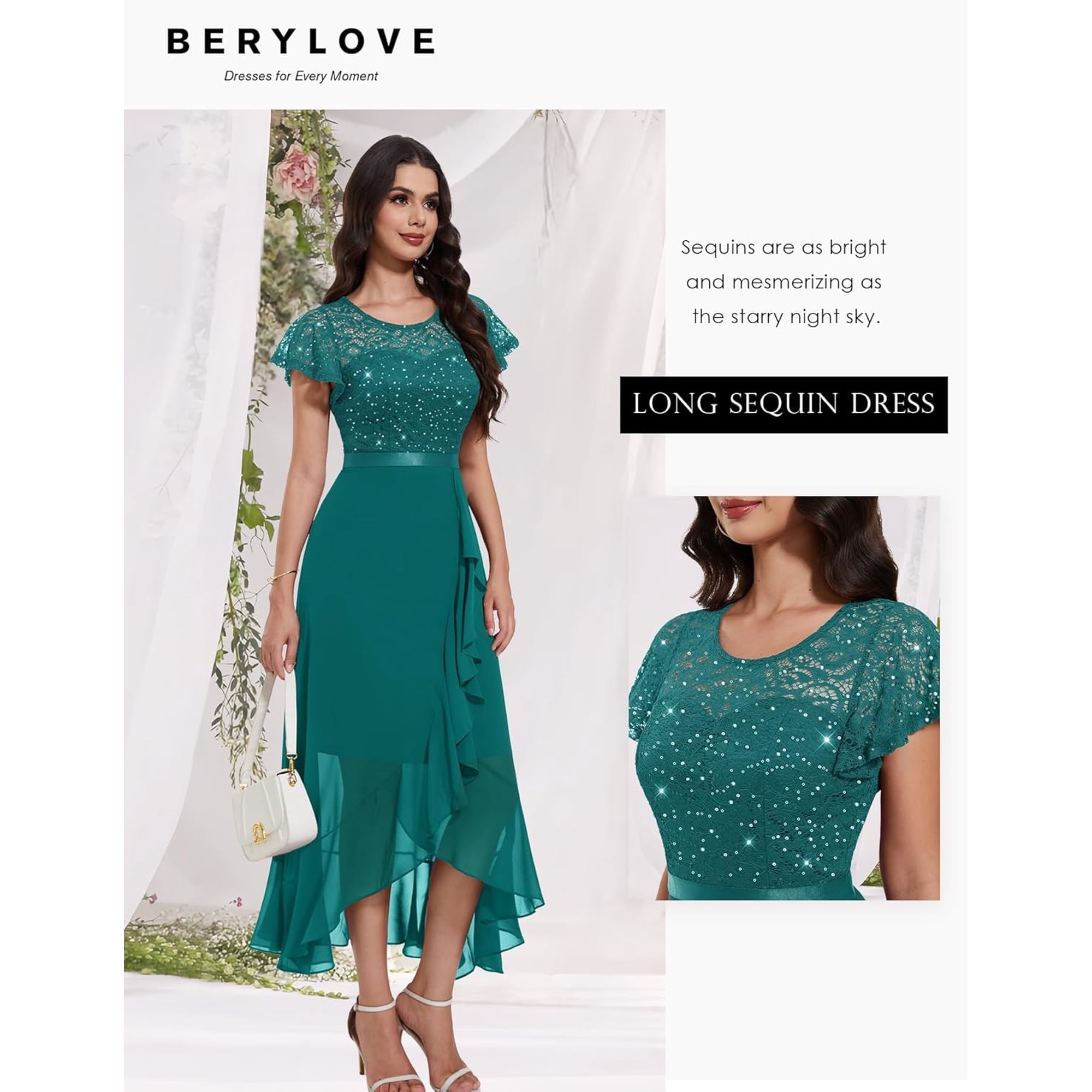 Vestido turquesa encaje lentejuelas y falda chiffon