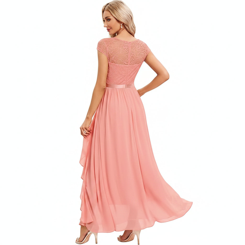 Vestido rosa claro manga corta encaje y falda chiffon