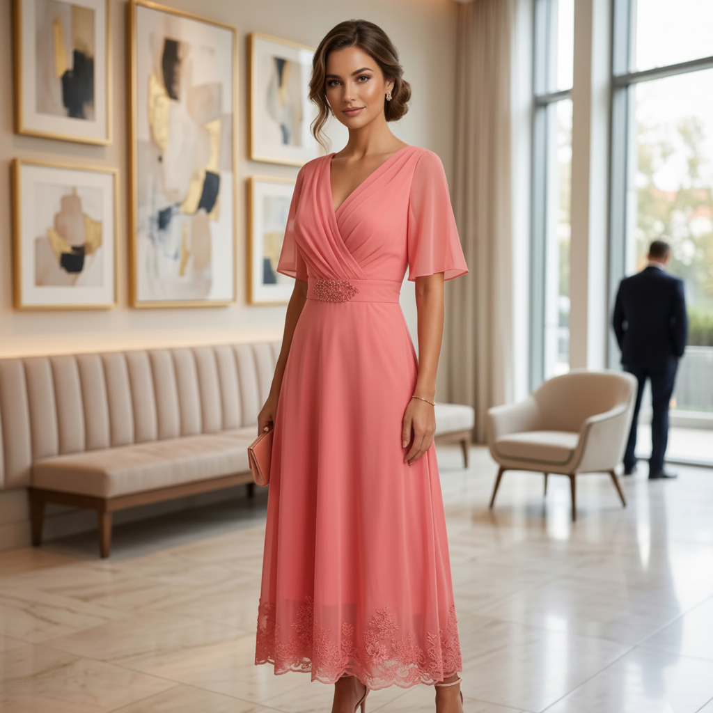 Vestido coral formal con manga corta