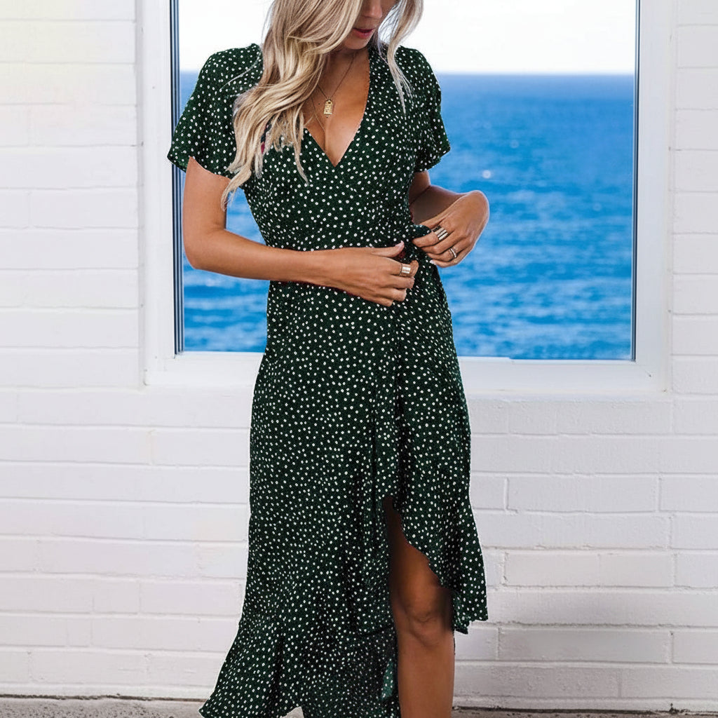 Vestido traslapado verde oscuro lunares blancos