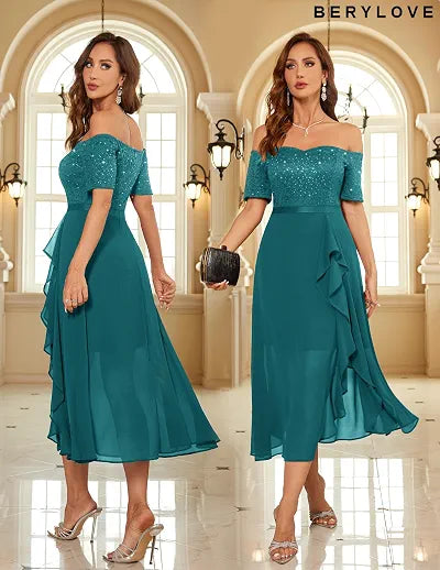 Vestido turquesa encaje lentejuelas off-the-shoulder