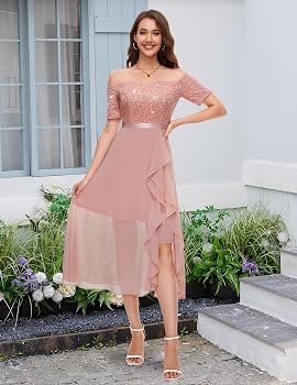 Vestido palo rosa encaje y lentejuelas falda chiffon off-the-shoulder