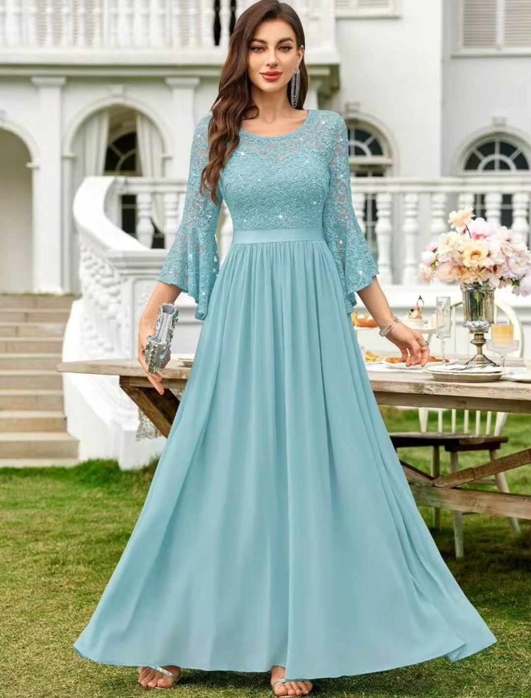 Vestido aqua encaje lentejuelas manga mariposa falda chiffon