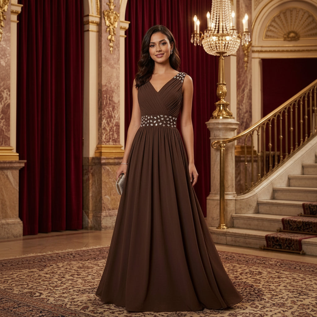 Vestido café con pedrería en la cintura y manga corte A
