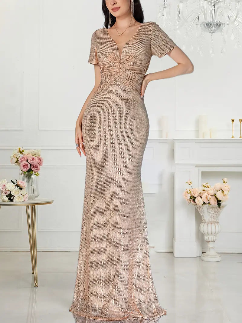 Vestido gold rose manga corta corte sirena