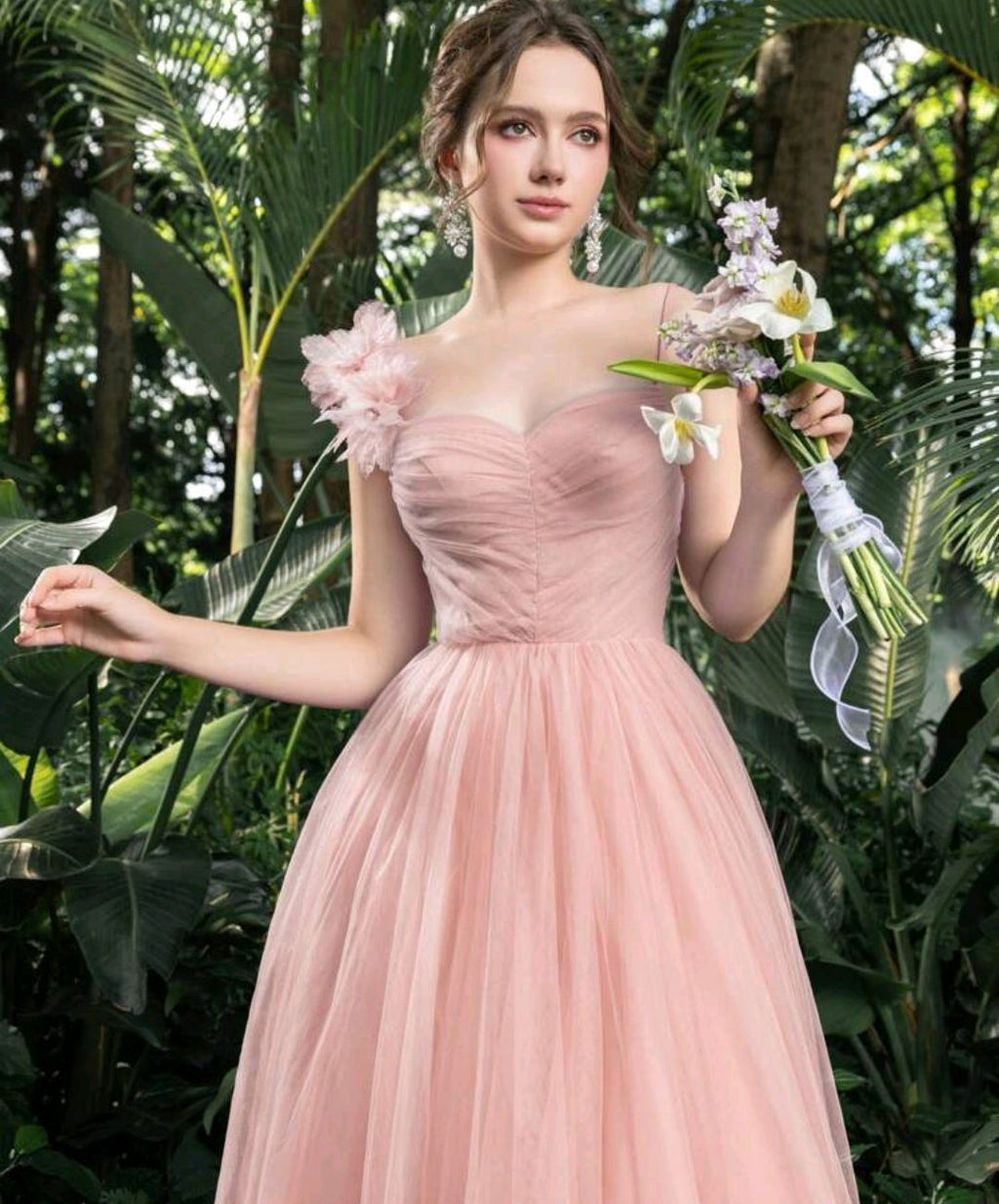 Vestido rosa claro de tul corte A