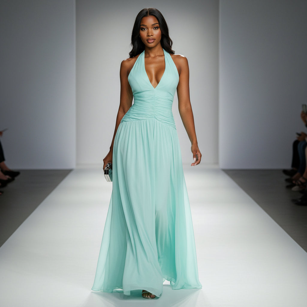 Vestido verde menta halter con escote pronunciado corte A