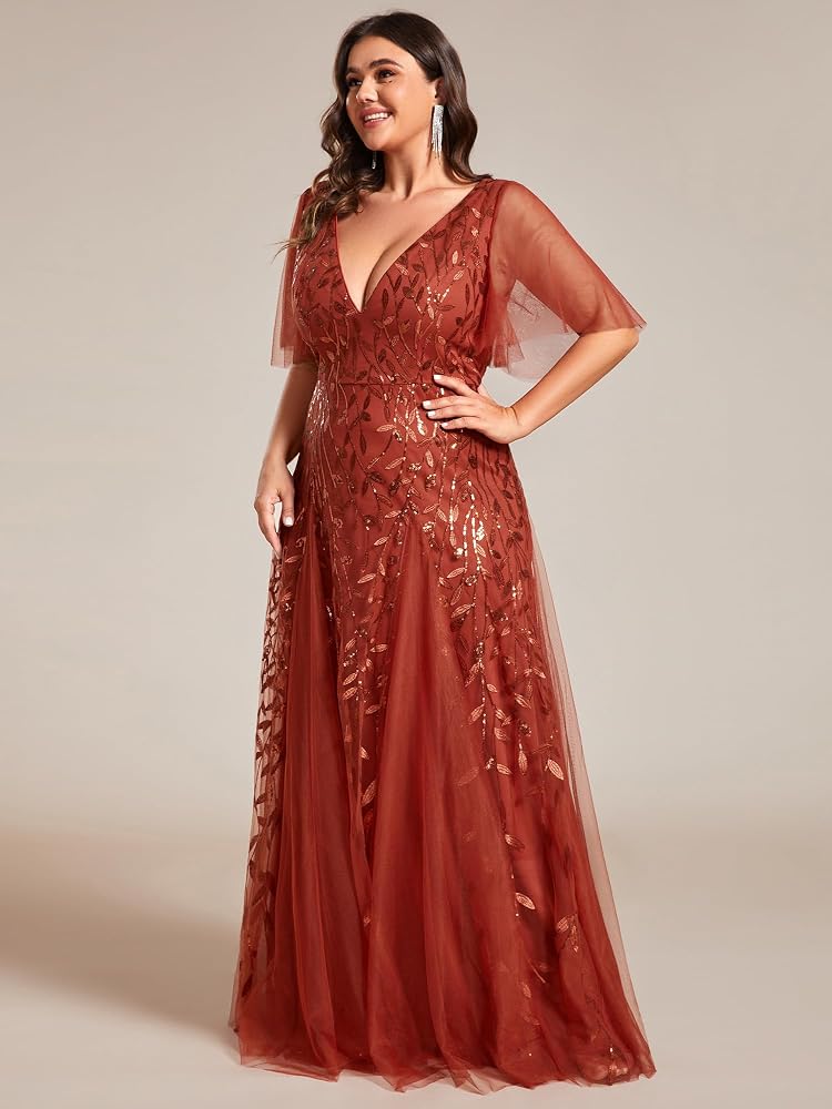 Vestido Terracota con escote en V aplicación lentejuelas hojas