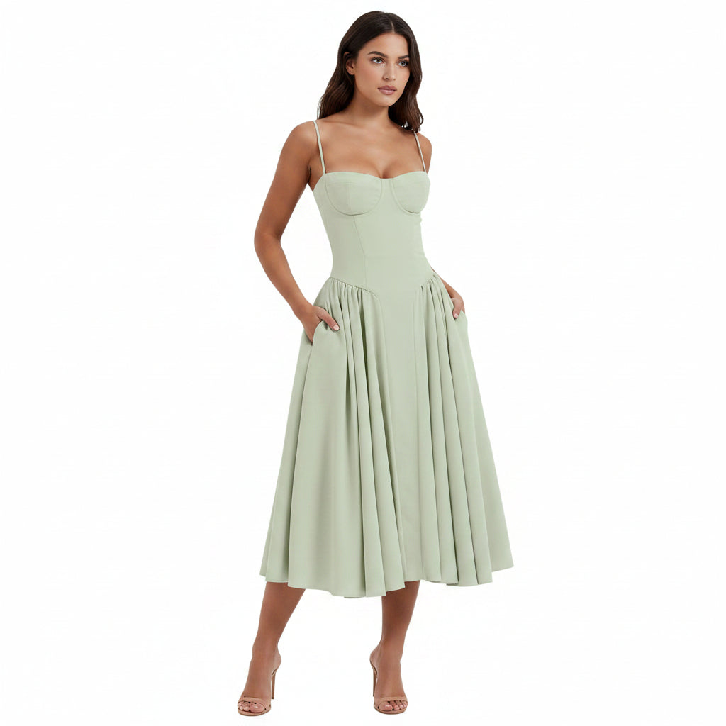 Vestido verde sage escote corazón con bolsas invisibles