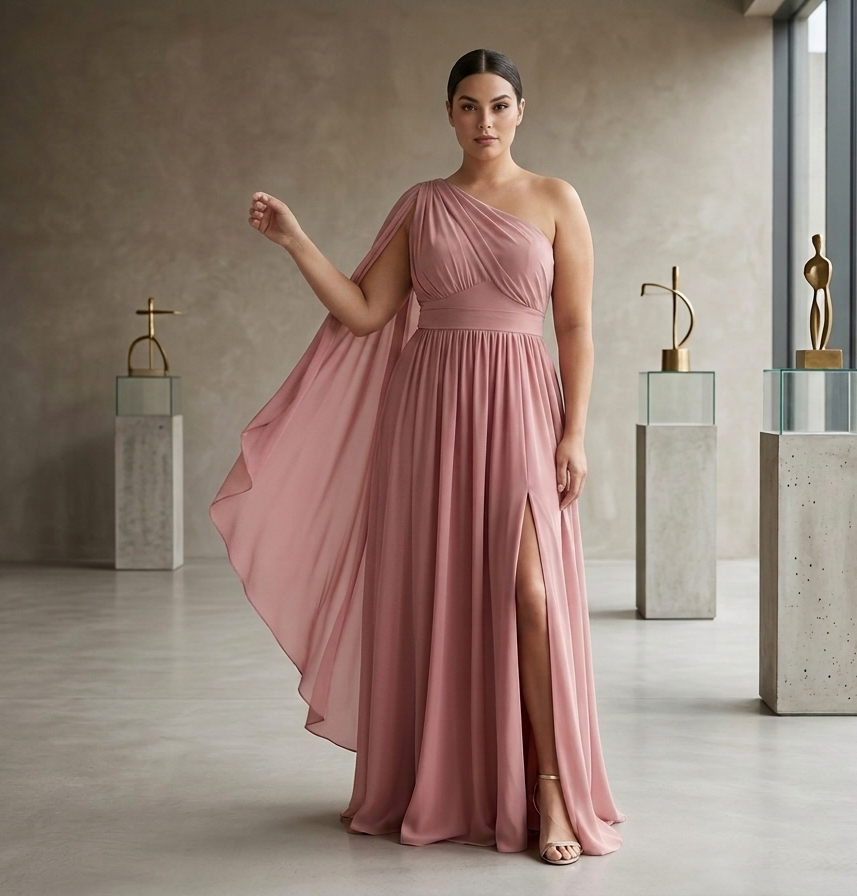 Vestido palo rosa de una manga con abertura lateral