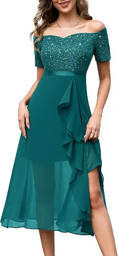 Vestido turquesa encaje lentejuelas off-the-shoulder