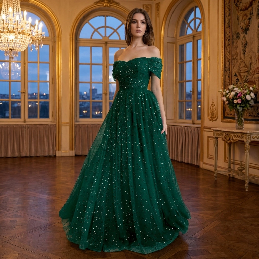 Vestido verde esmeralda con brillo estrellas off-the-shoulder