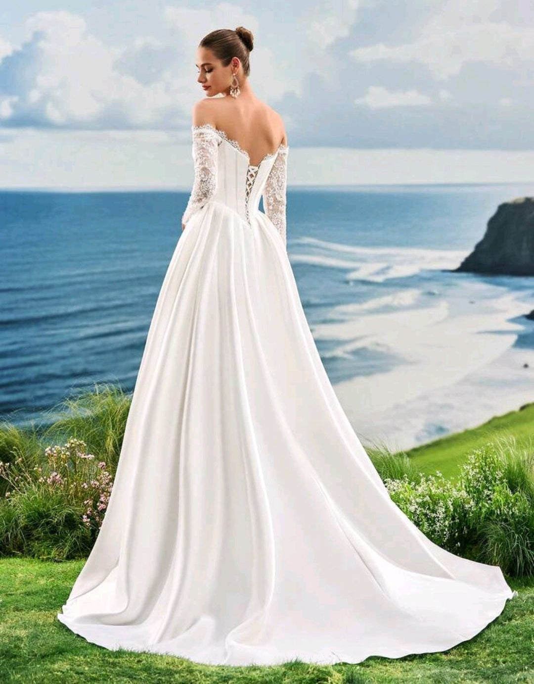 Vestido de Novia Satén con Corsé y Mangas de Encaje Off-the-Shoulder