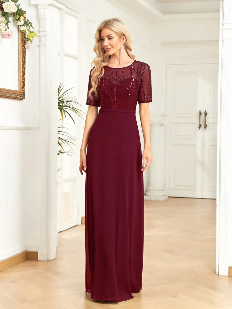 Vestido vino lentejuelas manga 3/4 falda chiffon