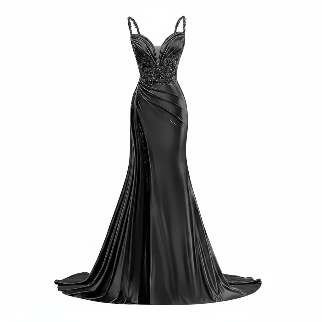 Vestido negro satinado aplicación plateada con transparencia y abertura lateral