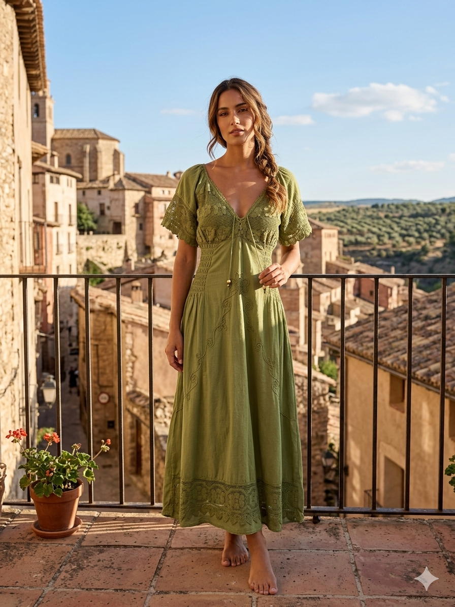 Vestido verde oliva  100% algodón hindú