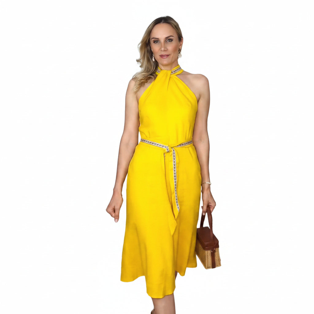 Vestido amarillo halter casual midi