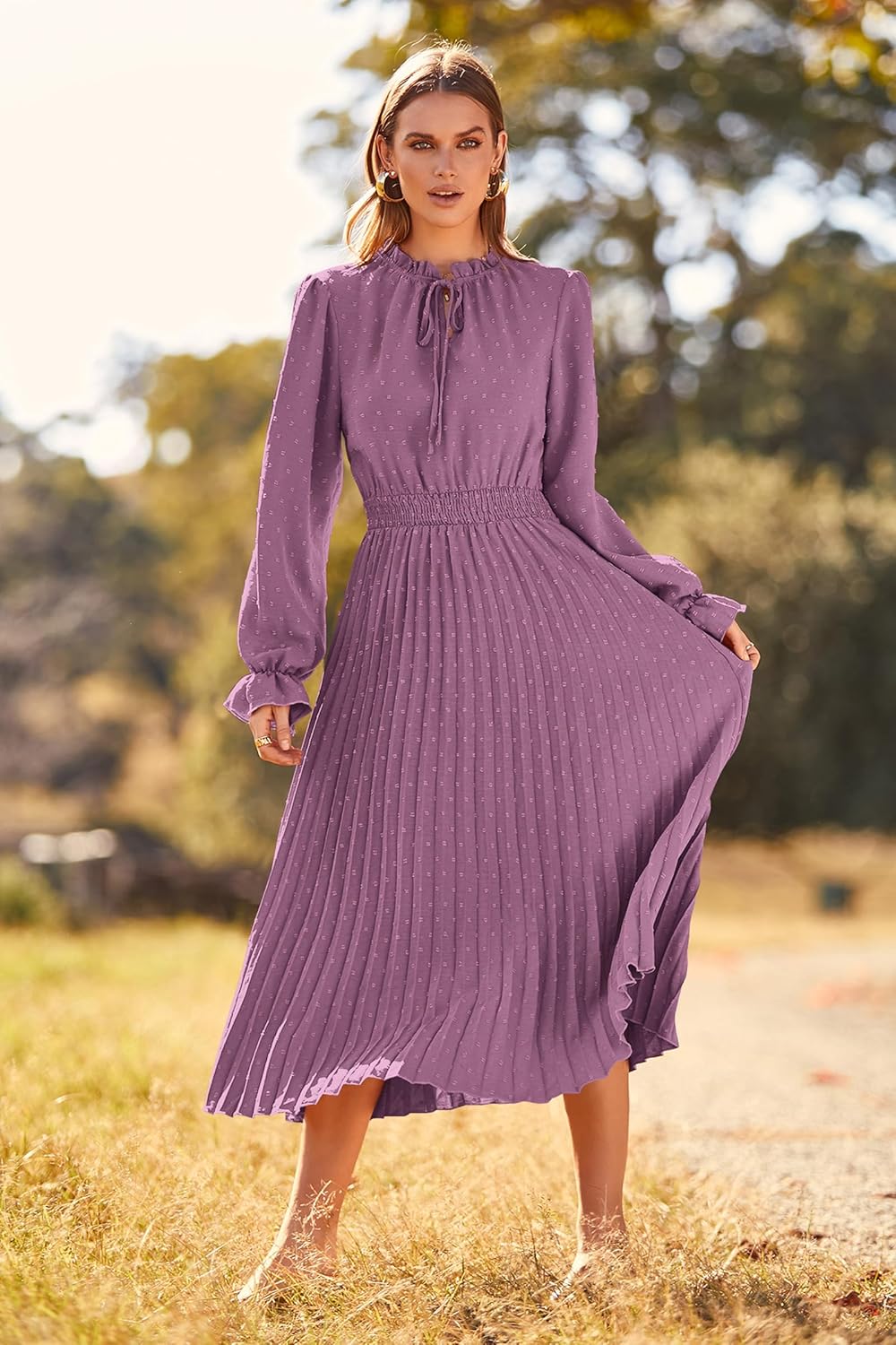 Vestido mauve claro manga larga plisado