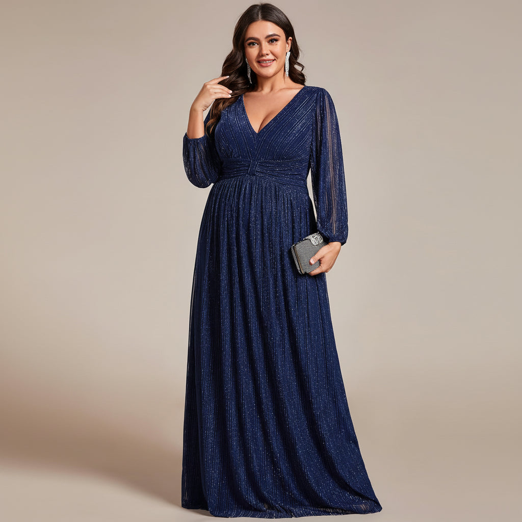 Vestido azul marino con brillo manga larga