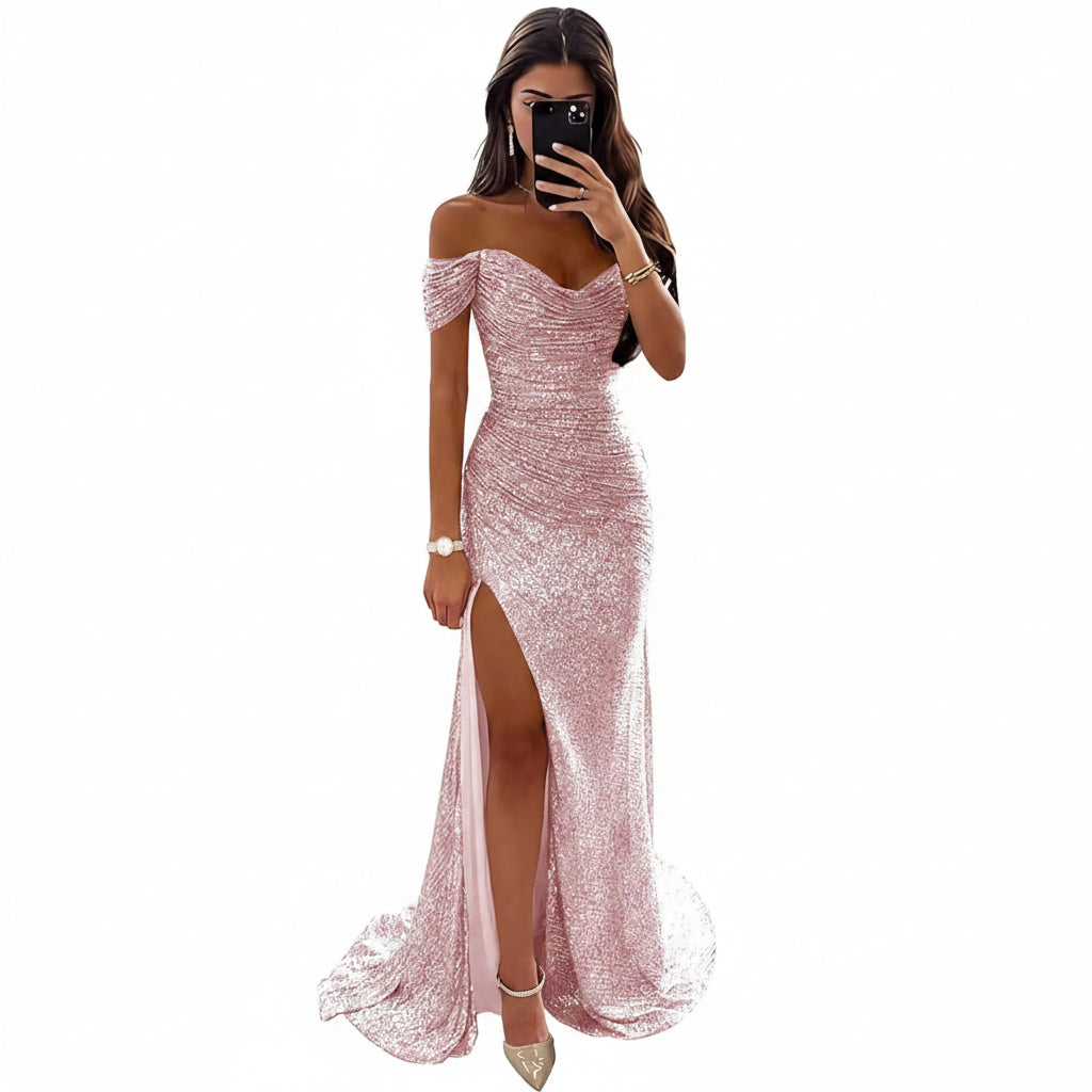 Vestido  rosa manga caída y abertura lateral