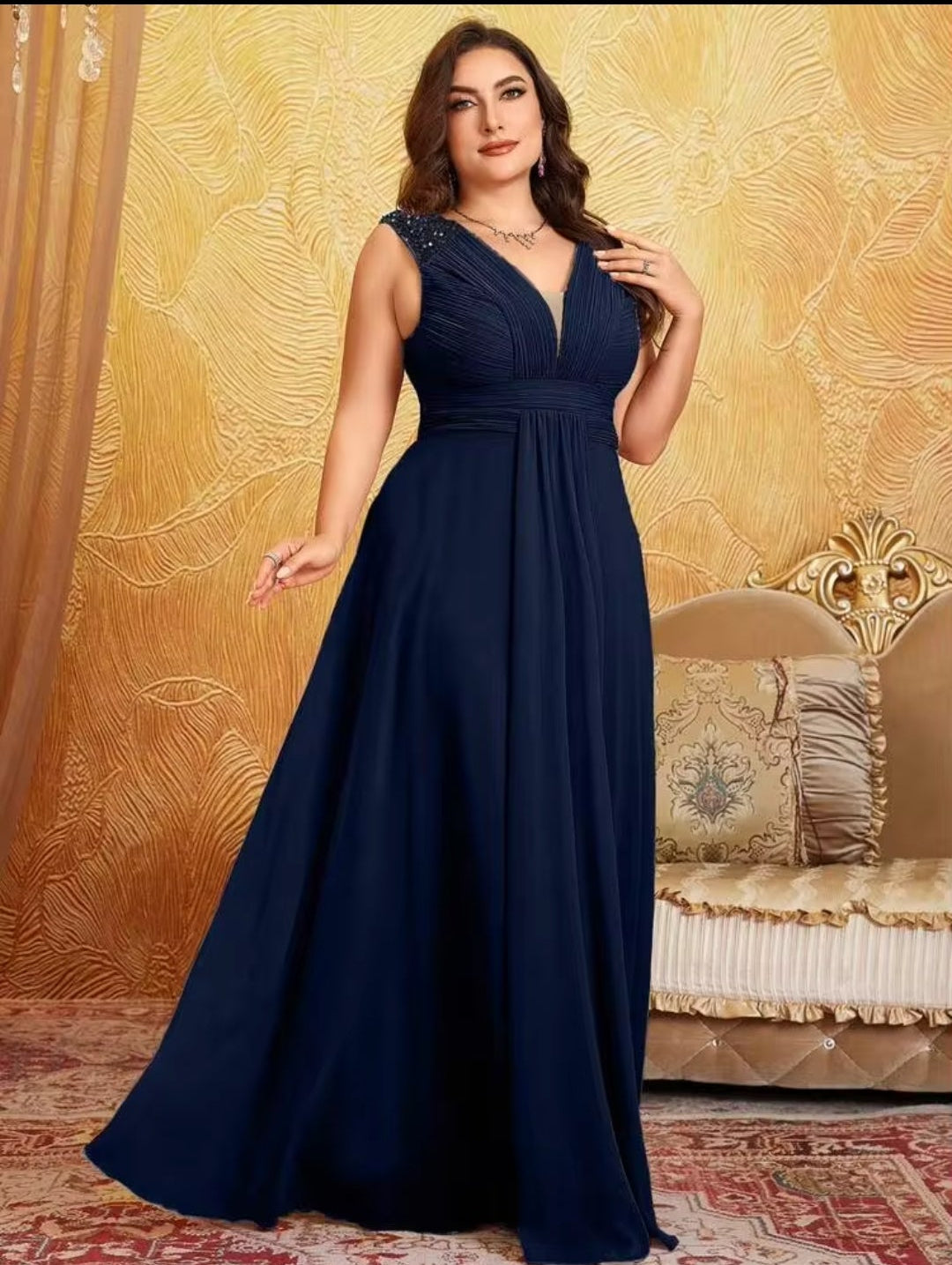 Vestido azul marino sin manga corte A con escote en V