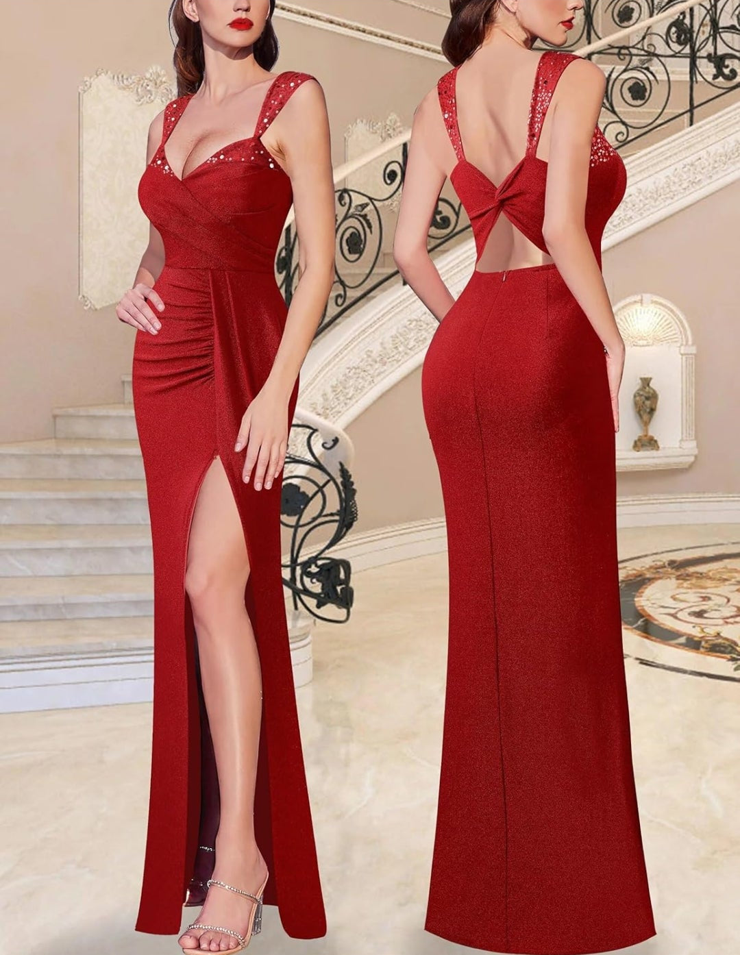 Vestido rojo brillante con abertura lateral ajustable y espalda semi abierta