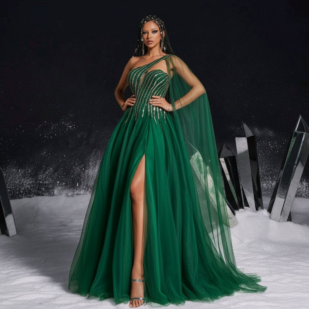 Vestido Odile verde esmeralda con dorado una manga