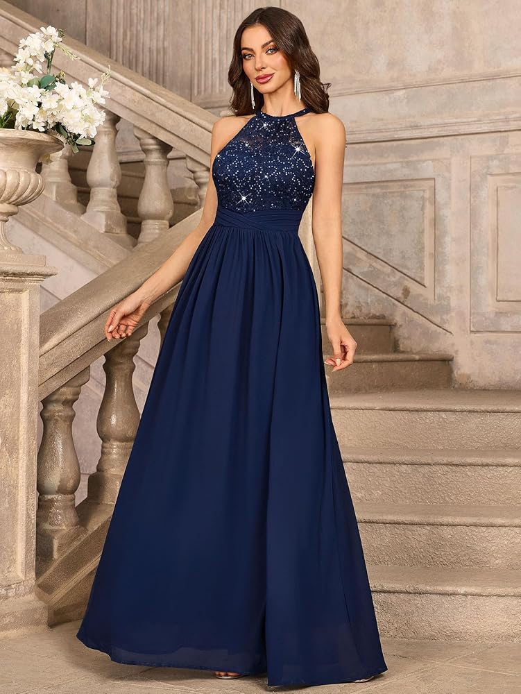 Vestido azul marino encaje lentejuelas cuello alto