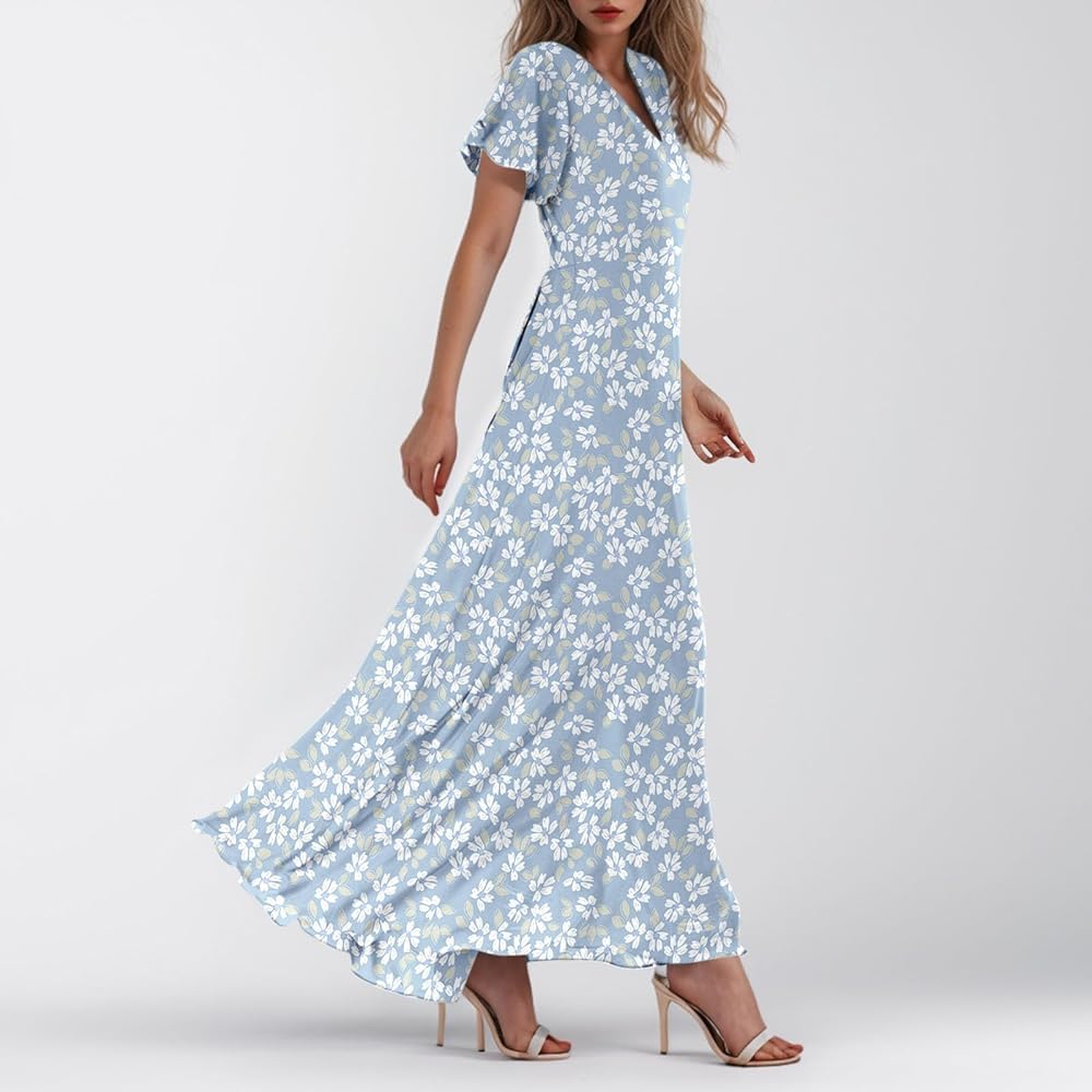 Vestido celeste con estampado floral blanco y gris